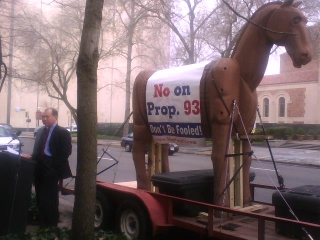 Coupalandhorse.jpg(1) CA NO on Prop. 93 Spokesman Jon Coupal and the Trojan Horse